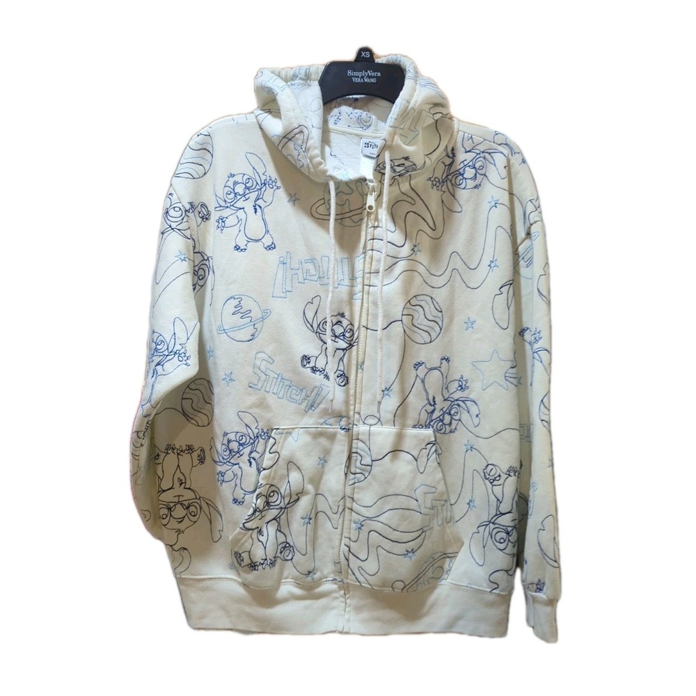Disney Stitch Hoodie Sweatshirt Women XLarge Ivory Full Zip Embroidered